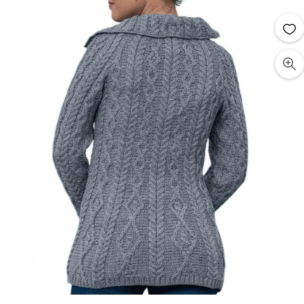 Aran Irish Gray Cable Knit Cardigan 100% Merino Wool Chunky with Buttons - Picture 3 of 4